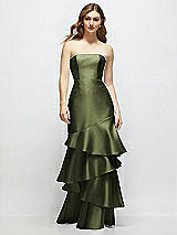 Front View Thumbnail - Olive Green Strapless Bodycon Maxi Dress with Tiered Ruffle Skirt