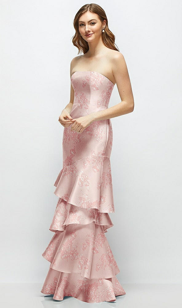 Front View - Bow And Blossom Print Floral Strapless Bodycon Maxi Dress with Tiered Ruffle Skirt