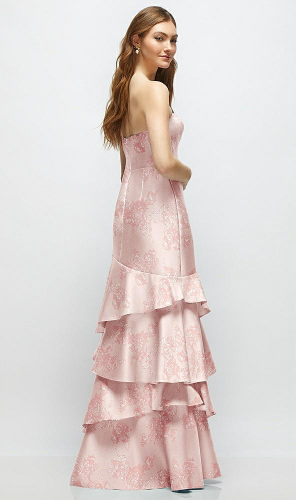 Back View - Bow And Blossom Print Floral Strapless Bodycon Maxi Dress with Tiered Ruffle Skirt