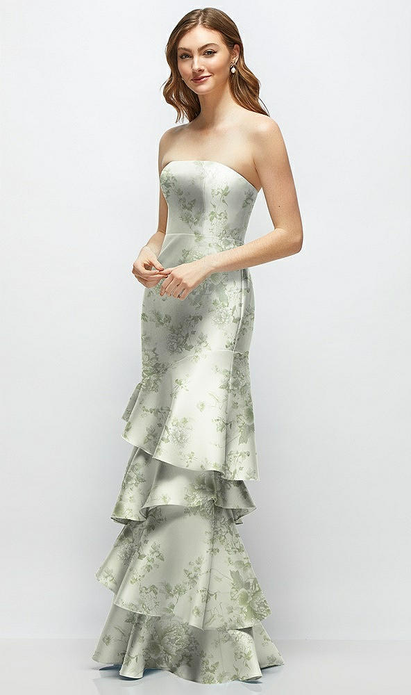 Front View - Sage Cottage Rose Floral Strapless Bodycon Maxi Dress with Tiered Ruffle Skirt