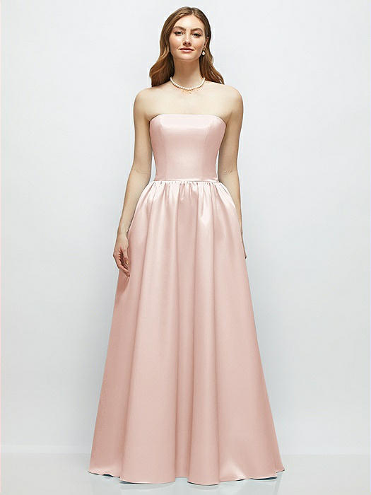 Strapless Satin Drop Waist Gown with Full Skirt