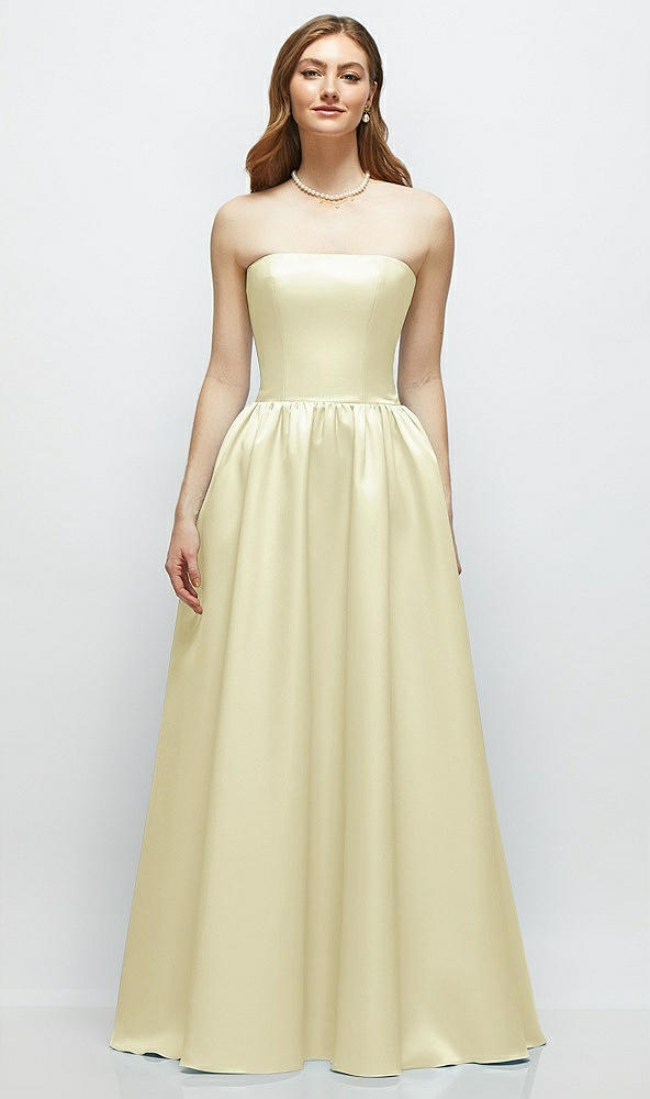 Front View - Butter Yellow Strapless Satin Drop Waist Gown with Full Skirt