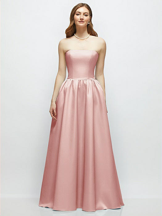 Strapless Satin Drop Waist Gown with Full Skirt