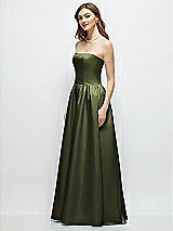 Side View Thumbnail - Olive Green Strapless Satin Drop Waist Gown with Full Skirt