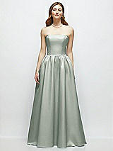 Front View Thumbnail - Willow Green Strapless Satin Drop Waist Gown with Full Skirt