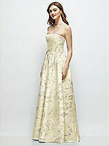 Side View Thumbnail - Butter Yellow Floral Floral Strapless Satin Drop Waist Gown with Full Skirt