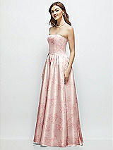 Side View Thumbnail - Bow And Blossom Print Floral Strapless Satin Drop Waist Gown with Full Skirt