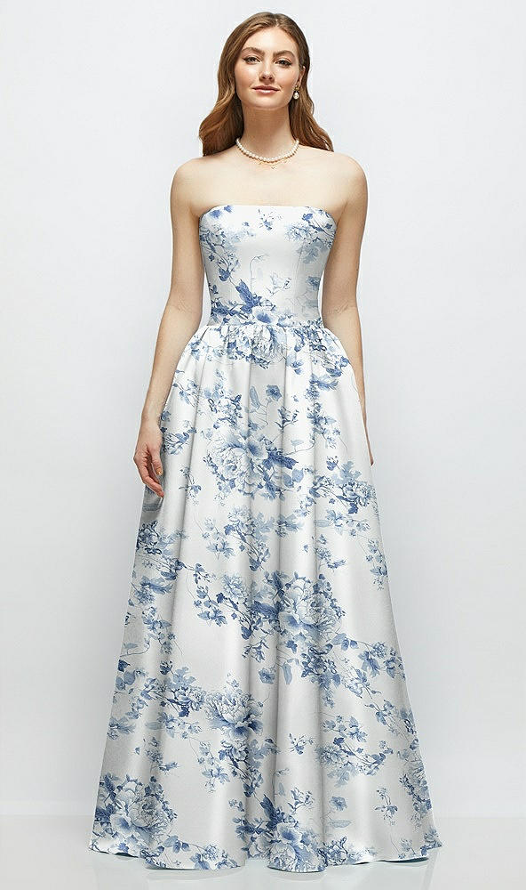 Front View - Cottage Rose Larkspur Floral Strapless Satin Drop Waist Gown with Full Skirt