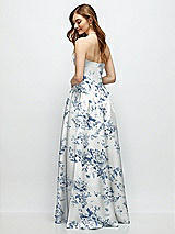 Rear View Thumbnail - Cottage Rose Larkspur Floral Strapless Satin Drop Waist Gown with Full Skirt