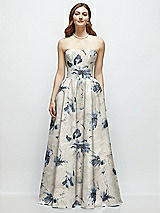 Front View Thumbnail - Inkwash Blue Floral Floral Strapless Satin Drop Waist Gown with Full Skirt