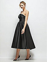Side View Thumbnail - Black Strapless Satin Midi Dress with Handmade Flower & Horsehair Hem