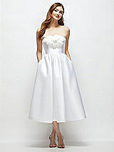 Front View Thumbnail - White Strapless Satin Midi Dress with Handmade Flower & Horsehair Hem