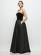 Side View Thumbnail - Black Strapless Black Velvet and Satin Drop Waist Gown with Full Skirt