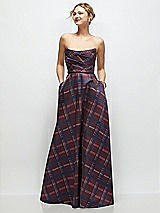 Front View Thumbnail - Cabernet Midnight Tartan Strapless Draped Tartan Cat-Eye Satin Maxi Dress with Full Skirt