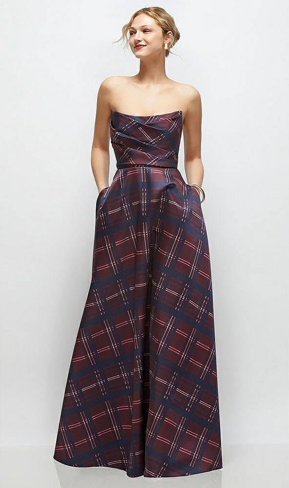 Front View - Cabernet Midnight Tartan Strapless Draped Tartan Cat-Eye Satin Maxi Dress with Full Skirt