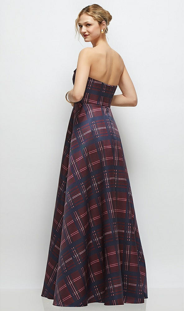 Back View - Cabernet Midnight Tartan Strapless Draped Tartan Cat-Eye Satin Maxi Dress with Full Skirt