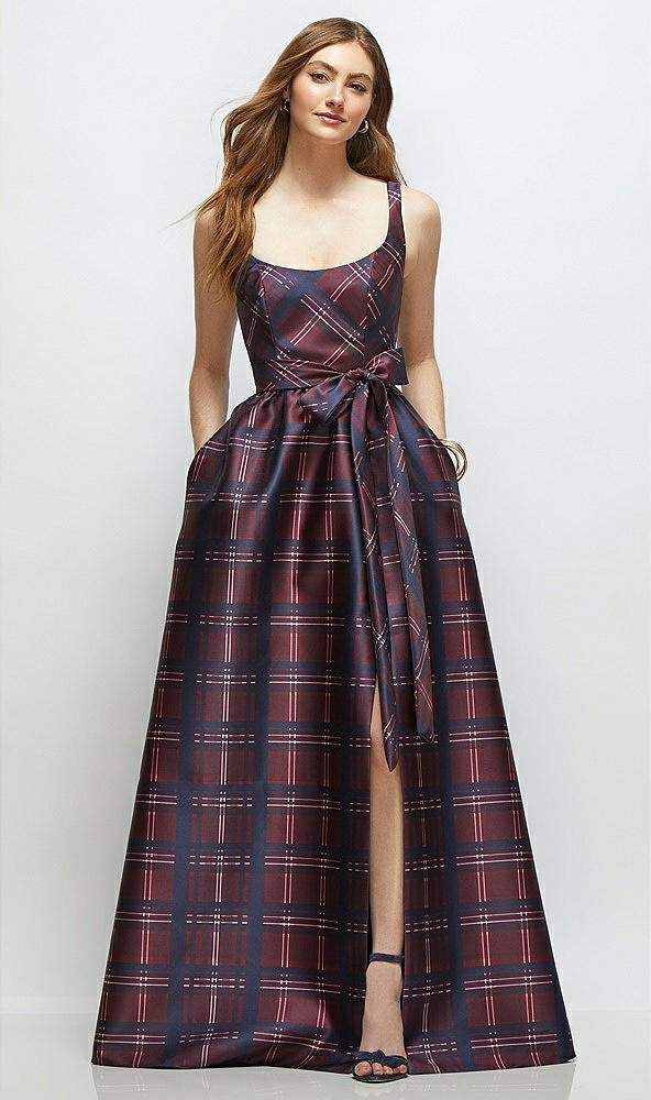 Front View - Cabernet Midnight Tartan Scoop-Neck Tank Bodice Alba Tartan Satin Maxi Dress with Full Skirt