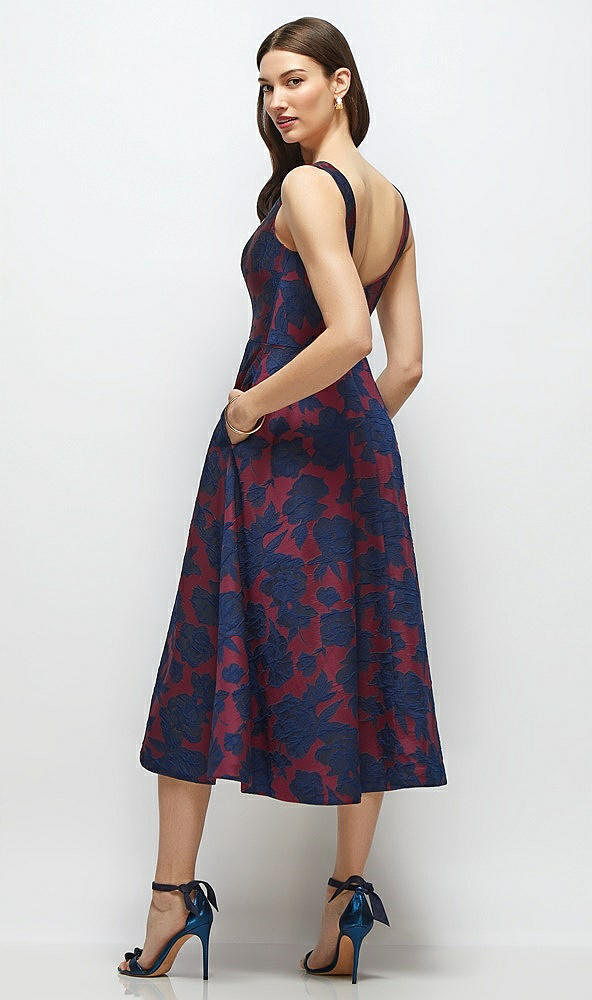 Back View - Burgundy Midnight Floral Square Neck Heritage Floral Jacquard Midi Dress