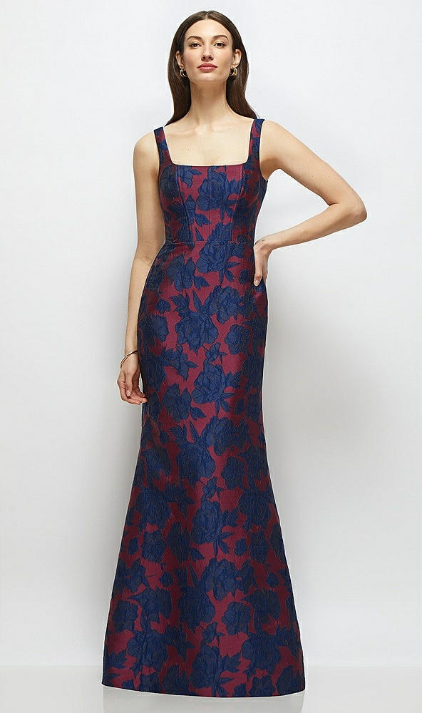 Front View - Burgundy Midnight Floral Heritage Floral Jacquard Square Neck Maxi Dress with Trumpet Skirt