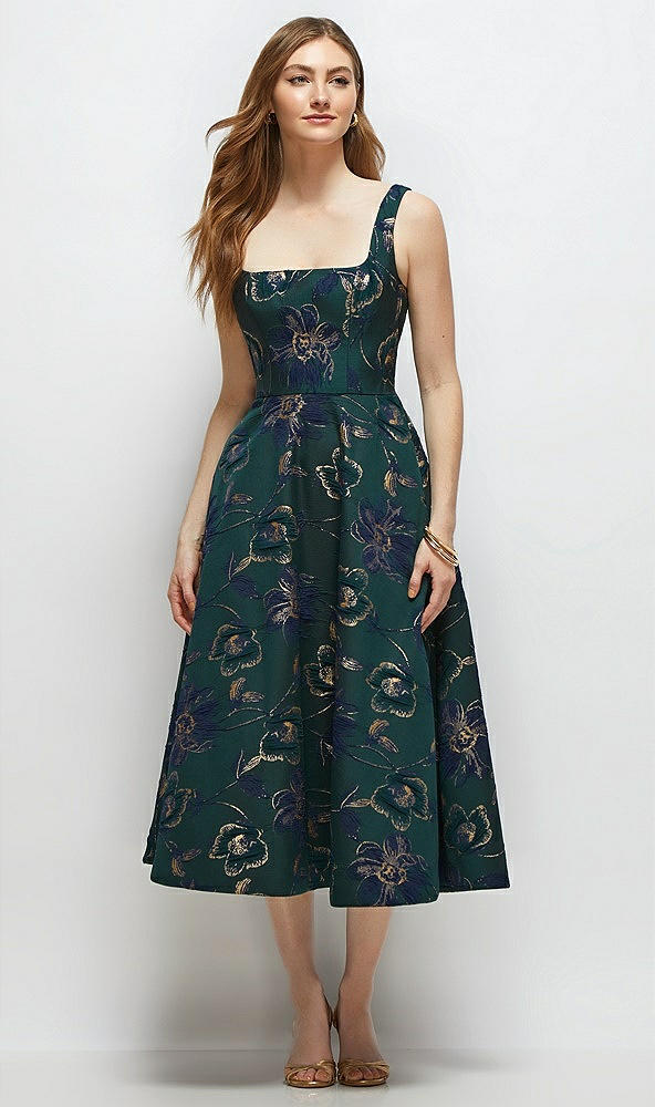 Front View - Evergreen Floral Square Neck Oscar Metallic Floral Jacquard Midi Dress