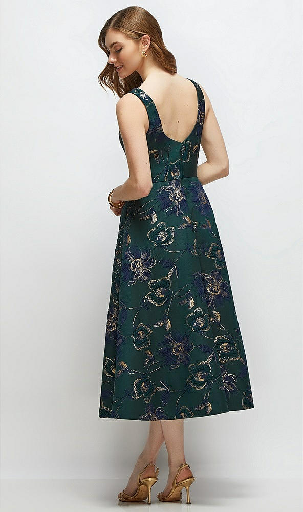 Back View - Evergreen Floral Square Neck Oscar Metallic Floral Jacquard Midi Dress