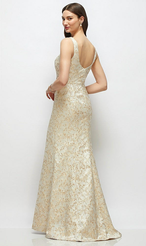 Back View - Champagne Filigree Champagne Floral Brocade Square Neck Maxi Dress with Trumpet Skirt