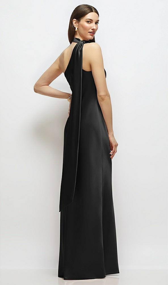 Back View - Black Draped Scarf One-Shoulder Bias Stretch Satin Maxi Dress