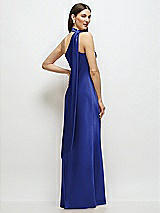 Rear View Thumbnail - Cobalt Blue Draped Scarf One-Shoulder Bias Stretch Satin Maxi Dress