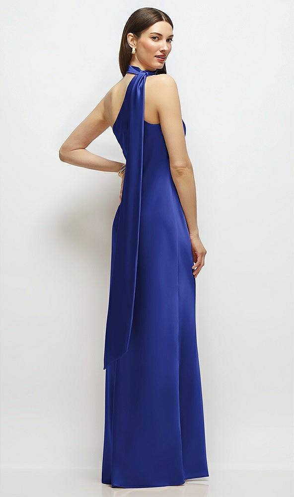 Back View - Cobalt Blue Draped Scarf One-Shoulder Bias Stretch Satin Maxi Dress