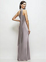 Rear View Thumbnail - Cashmere Gray Draped Scarf One-Shoulder Bias Stretch Satin Maxi Dress