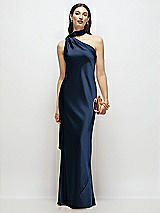 Front View Thumbnail - Midnight Navy Draped Scarf One-Shoulder Bias Stretch Satin Maxi Dress