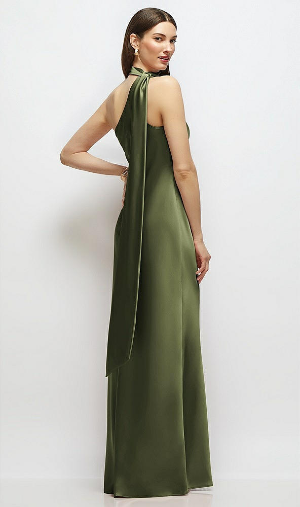 Back View - Olive Green Draped Scarf One-Shoulder Bias Stretch Satin Maxi Dress