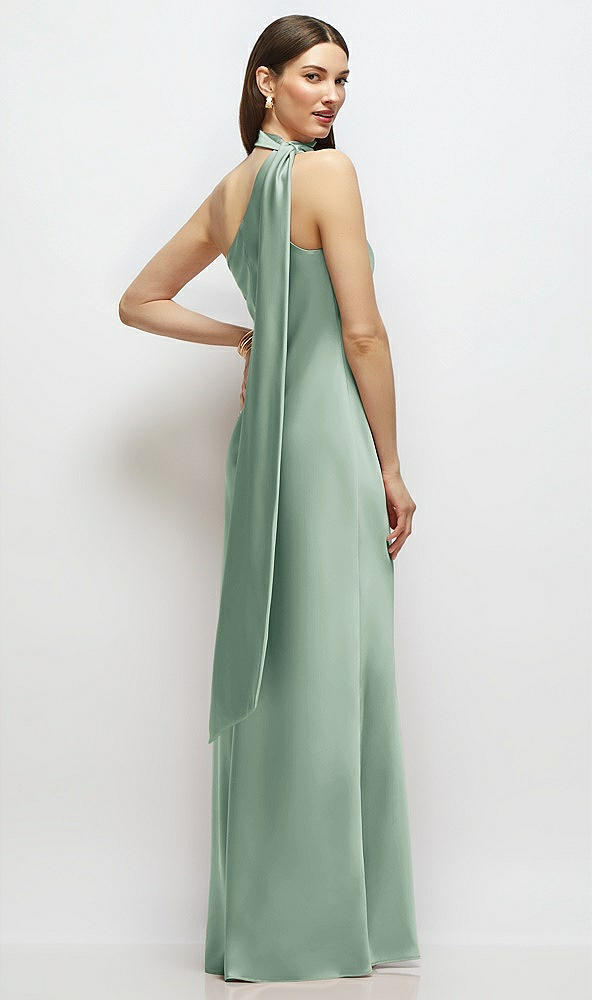 Back View - Seagrass Draped Scarf One-Shoulder Bias Stretch Satin Maxi Dress