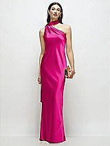 Front View Thumbnail - Think Pink Draped Scarf One-Shoulder Bias Stretch Satin Maxi Dress
