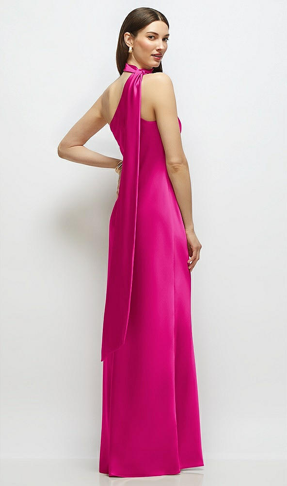 Back View - Think Pink Draped Scarf One-Shoulder Bias Stretch Satin Maxi Dress