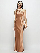 Front View Thumbnail - Toffee Draped Scarf One-Shoulder Bias Stretch Satin Maxi Dress