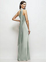 Rear View Thumbnail - Willow Green Draped Scarf One-Shoulder Bias Stretch Satin Maxi Dress