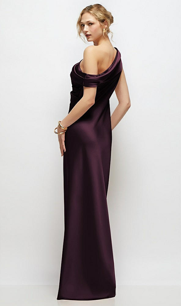 Back View - Deep Plum Draped One-Shoulder Bias Stretch Satin Maxi Dress