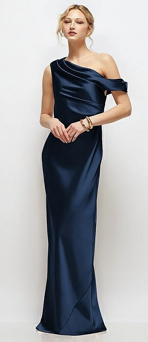 Draped One-Shoulder Bias Stretch Satin Maxi Dress