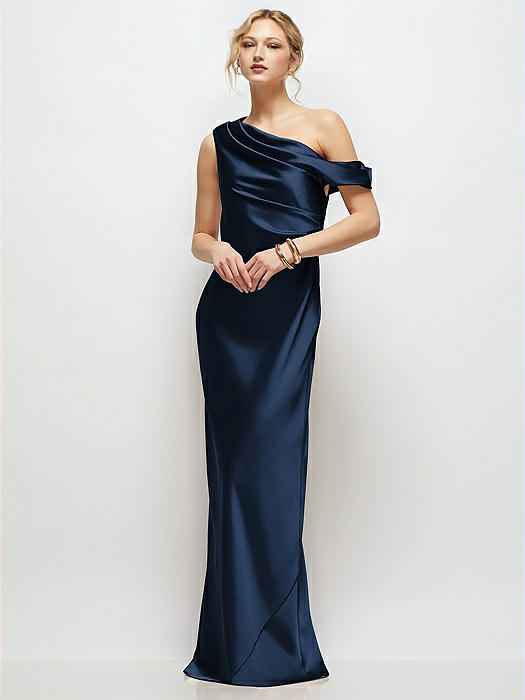 Draped One-Shoulder Bias Stretch Satin Maxi Dress