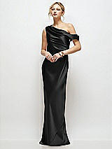 Front View Thumbnail - Black Draped One-Shoulder Bias Stretch Satin Maxi Dress