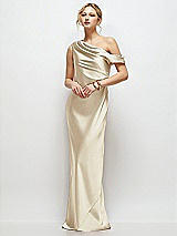 Front View Thumbnail - Champagne Draped One-Shoulder Bias Stretch Satin Maxi Dress