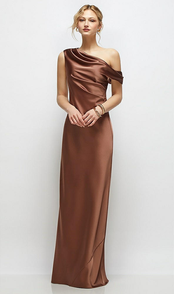 Front View - Cognac Draped One-Shoulder Bias Stretch Satin Maxi Dress