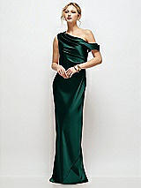 Front View Thumbnail - Evergreen Draped One-Shoulder Bias Stretch Satin Maxi Dress
