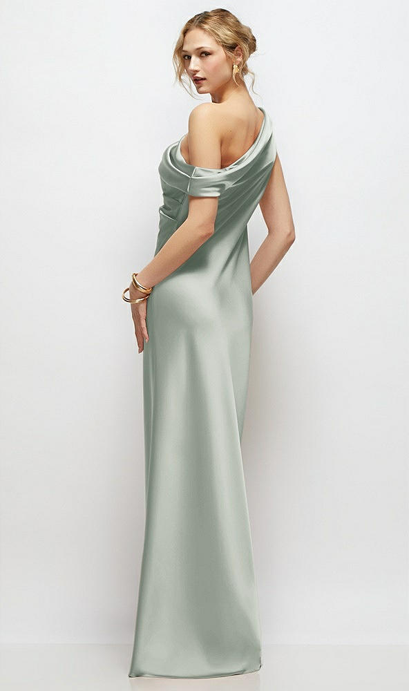 Back View - Willow Green Draped One-Shoulder Bias Stretch Satin Maxi Dress