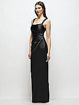 Side View Thumbnail - Black Scoop Neck Draped Column Stretch Satin Maxi Dress