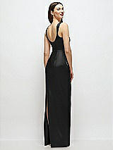 Rear View Thumbnail - Black Scoop Neck Draped Column Stretch Satin Maxi Dress