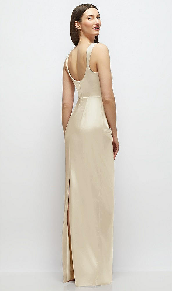 Back View - Champagne Scoop Neck Draped Column Stretch Satin Maxi Dress