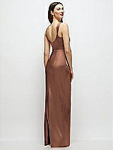 Rear View Thumbnail - Cognac Scoop Neck Draped Column Stretch Satin Maxi Dress