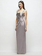 Side View Thumbnail - Cashmere Gray Scoop Neck Draped Column Stretch Satin Maxi Dress